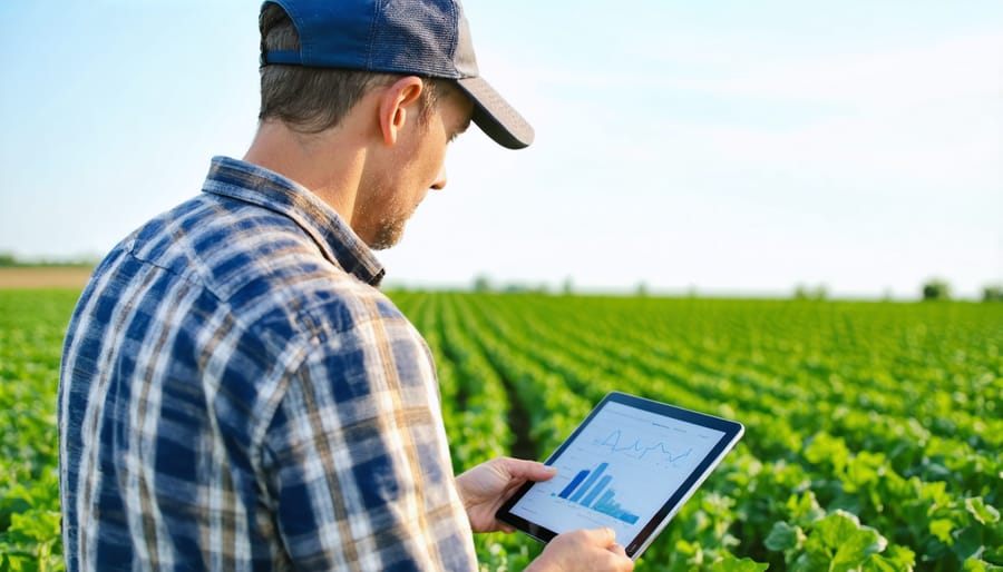 Farmer using digital tools to track carbon credits while standing in agricultural field