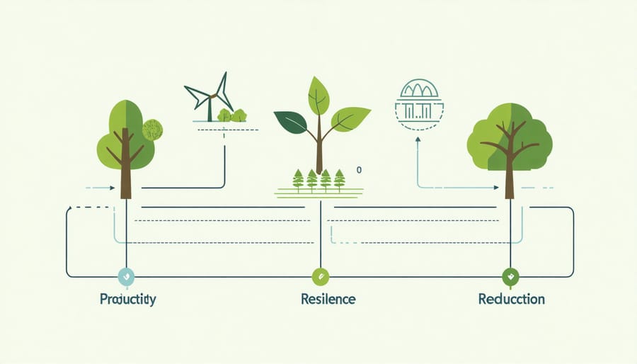 Infographic illustrating the three pillars of climate-smart agriculture: productivity increase, climate resilience, and emissions reduction