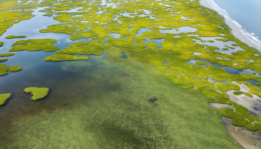 Bird's eye view of healthy coastal ecosystem with visible seagrass meadows and salt marsh vegetation