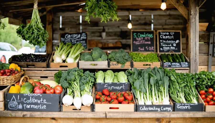 Vibrant farmers' market display showing cooperatively marketed organic produce from multiple Alberta farms