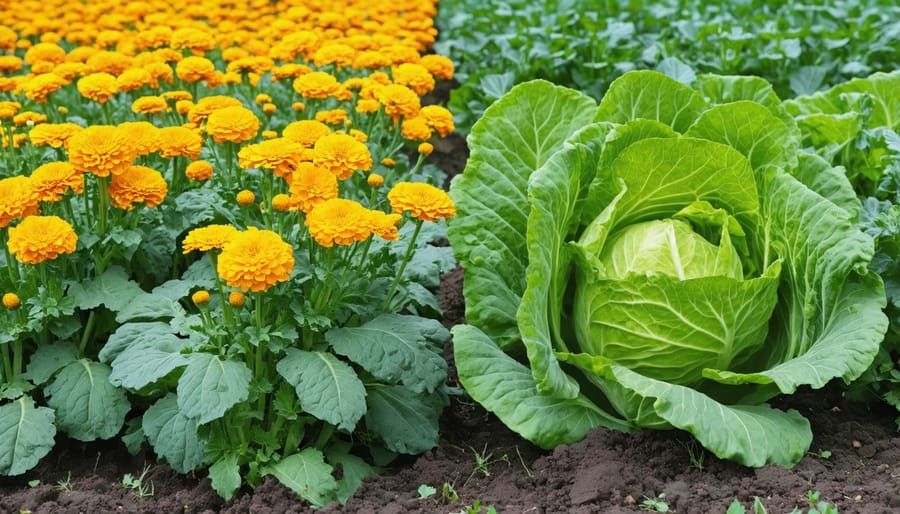 Comparison showing healthy cabbage plants with marigold companions next to pest-damaged cabbage without companion plants