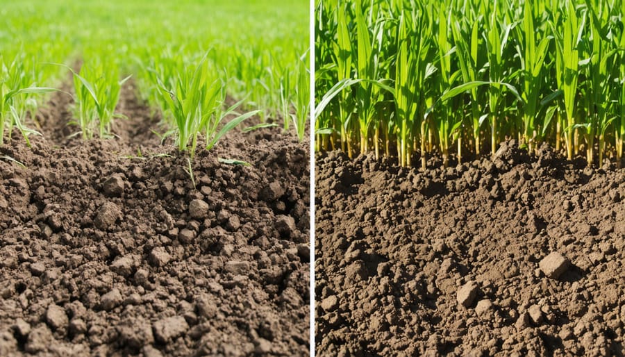 Side-by-side comparison of soil quality showing improved soil structure with cover crop implementation