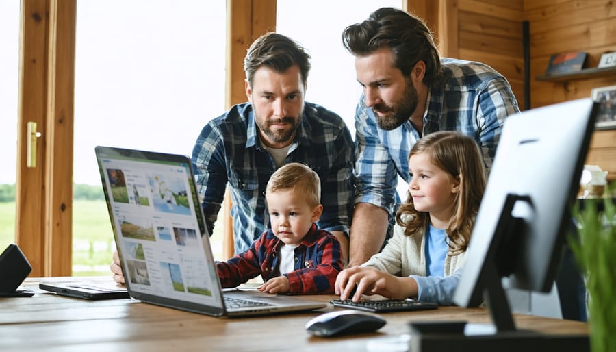 Family of organic farmers analyzing xFarm data on computers and tablets