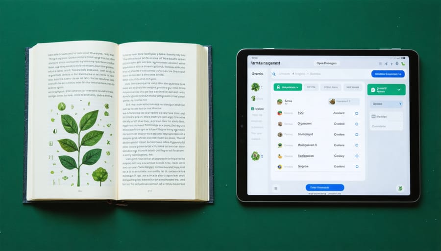 Side-by-side comparison of traditional organic farming book and modern digital farm management app