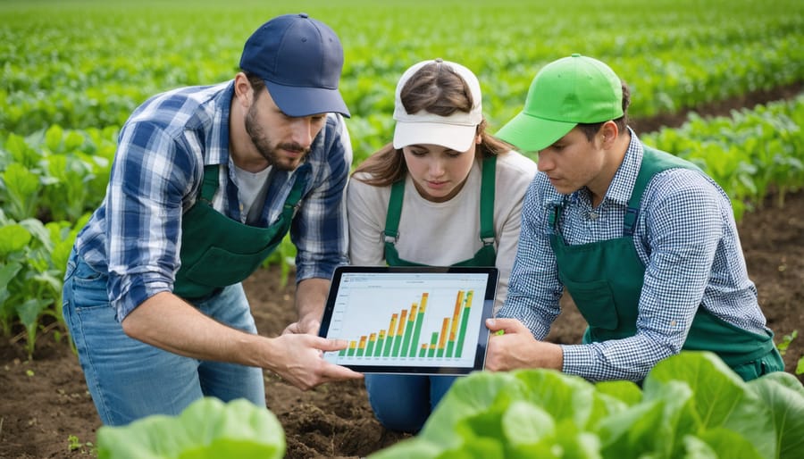 Diverse group of farmers collaborating while looking at a digital tablet in the field