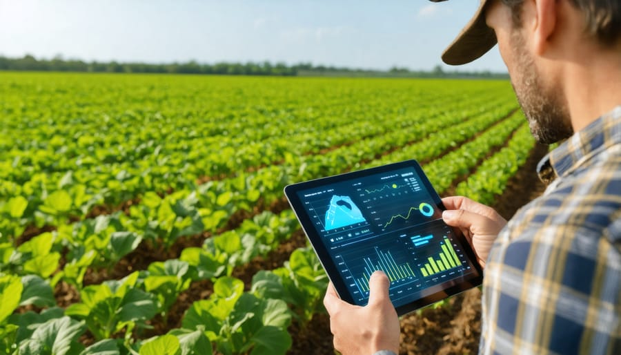 Organic farmer analyzing real-time crop data on a tablet computer while standing in a field