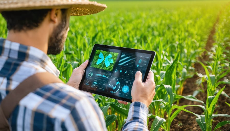 Farmer participating in virtual agricultural education while viewing real-time crop data on tablet