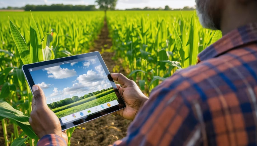 Organic farmer checking soil health data on tablet with crops in background