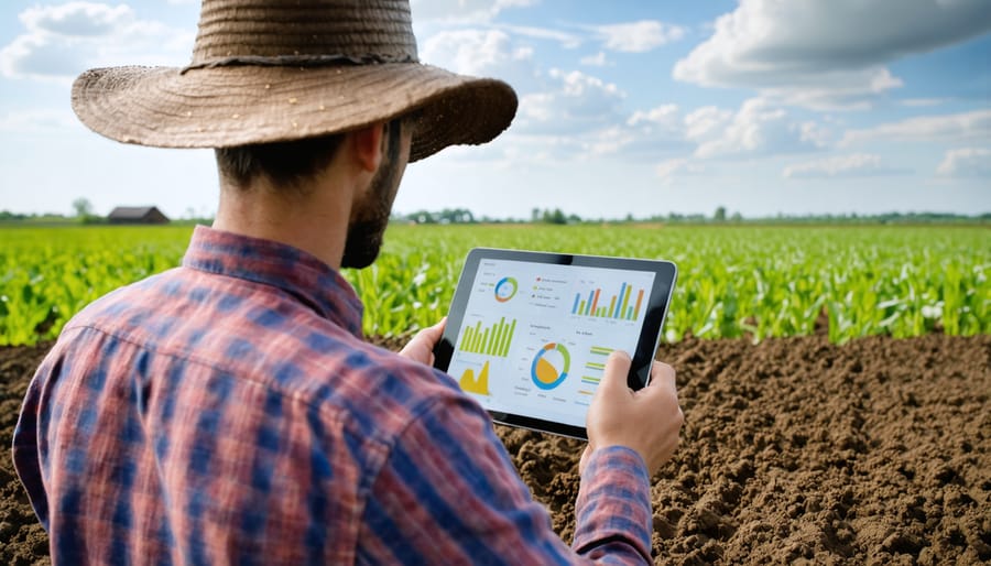 Agricultural professional checking digital soil health data on a tablet while standing in a crop field