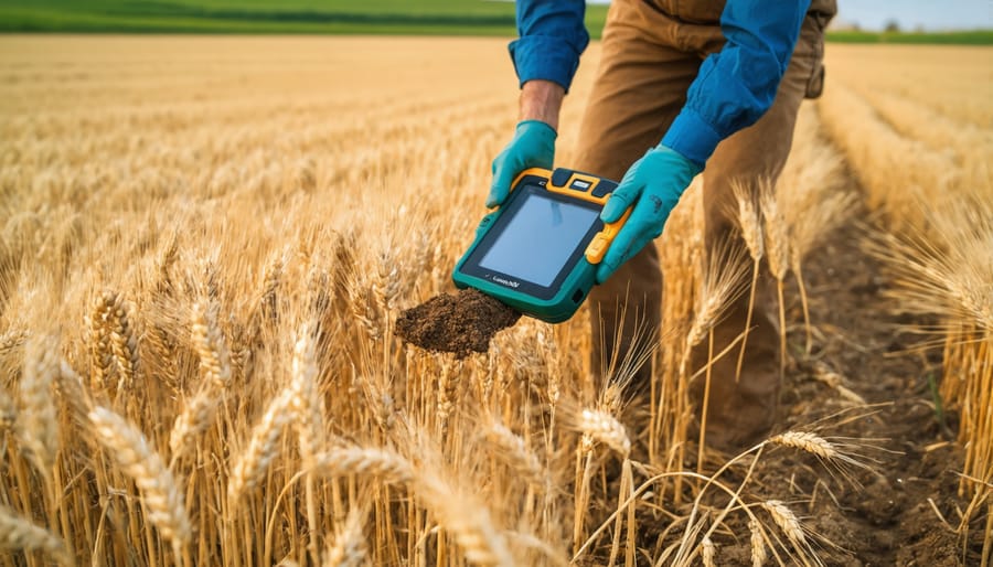 Agricultural professional conducting soil analysis with portable testing equipment