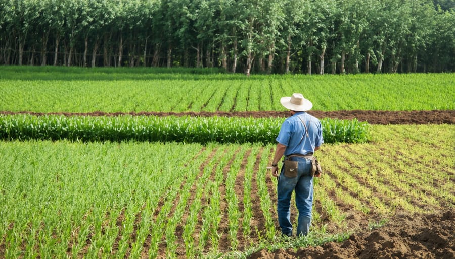 Alberta farmer examining the growth of drought-tolerant cover crops during a dry season