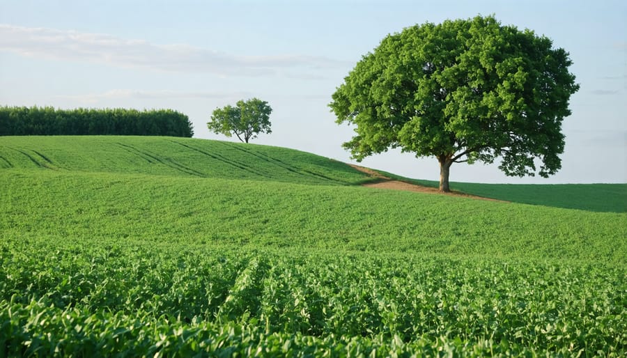 Established row of trees serving as windbreak with protected crops visible in background