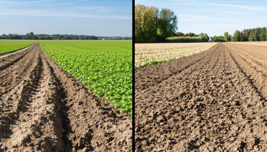 Side-by-side comparison showing eroded soil without mulch and healthy soil with mulch protection