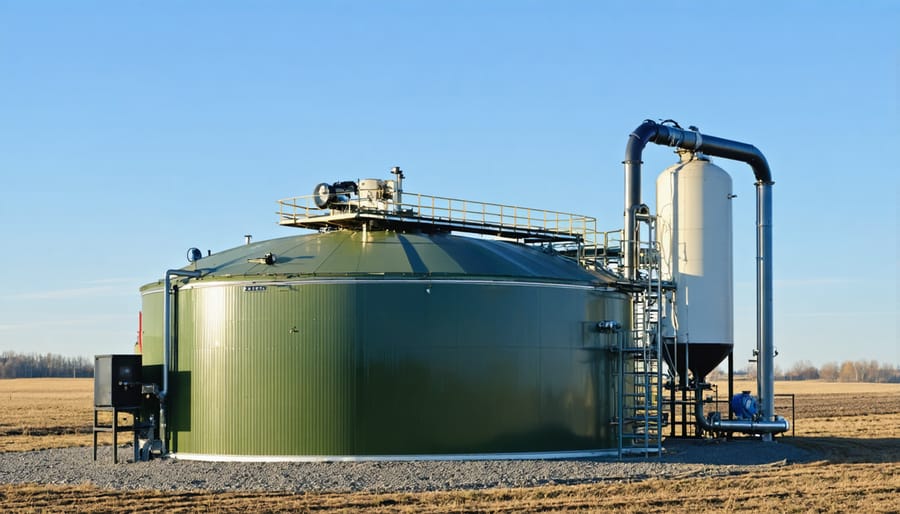 Compact biogas digester unit operating on a Canadian farm during winter