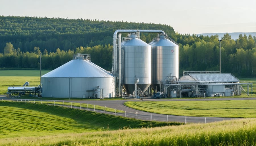 Aerial view of an agricultural biogas plant with dome-shaped digesters and equipment