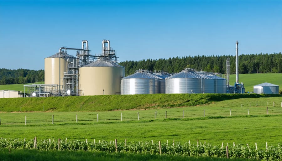 Farm-scale biogas plant with cylindrical digesters and gas storage dome