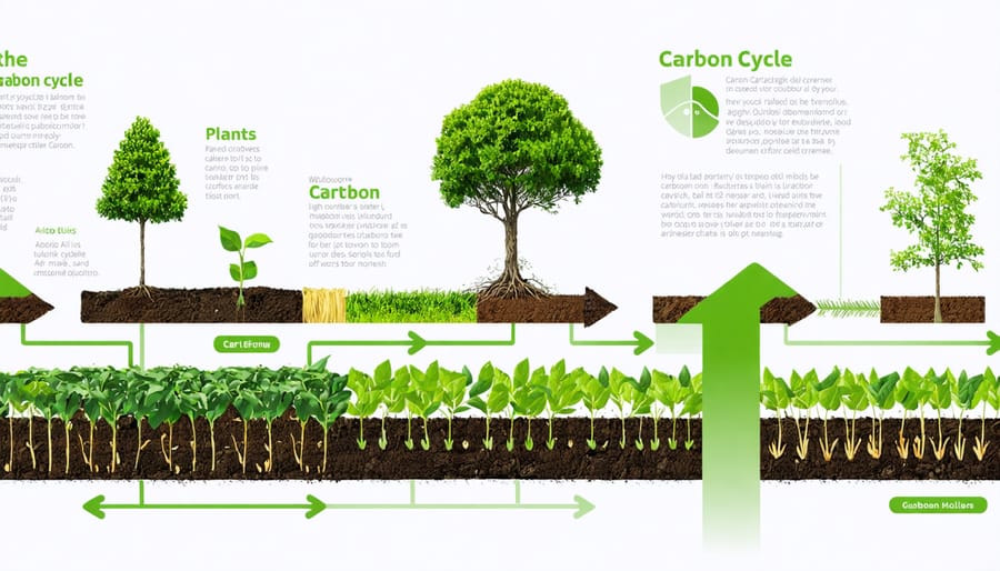 Diagram of agricultural carbon cycle showing carbon movement between crops, soil, and atmosphere