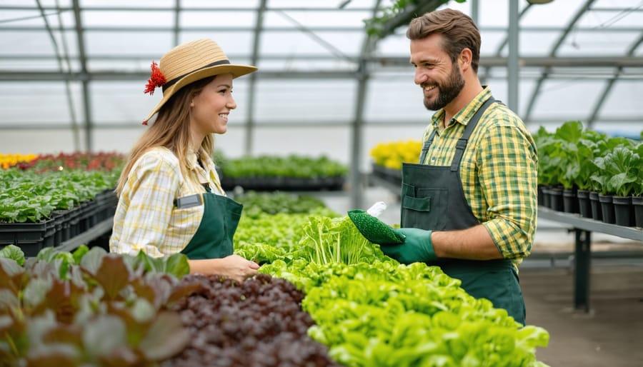 Senior farmer demonstrating organic farming techniques to apprentices in greenhouse setting