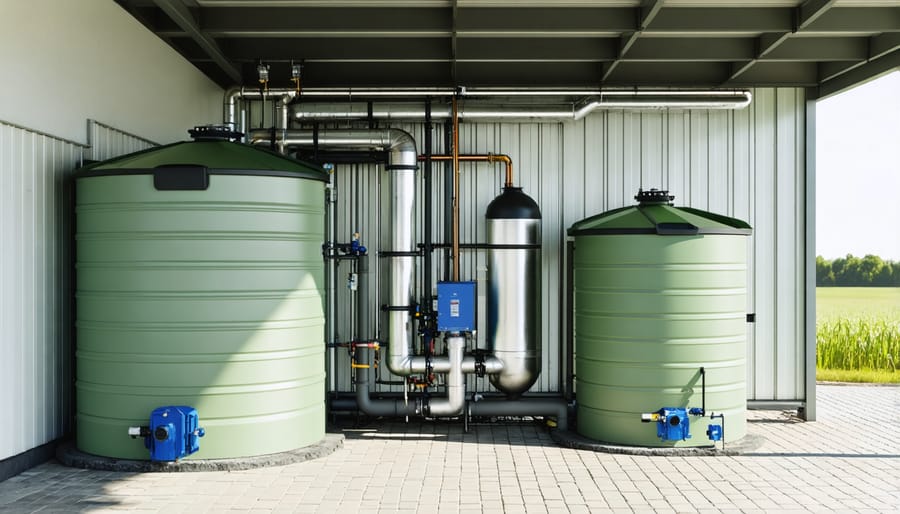 Farm rainwater collection system showing gutters, tanks, and distribution infrastructure