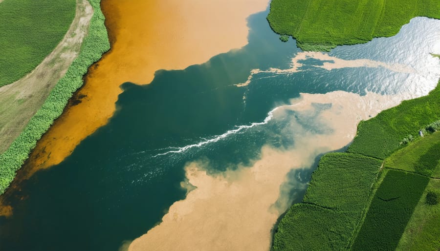 Aerial view of farm runoff flowing into a river system in Alberta, showing nutrient pollution patterns