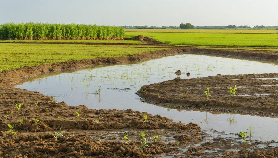 Restored wetland area bordered by irrigated organic crops on an Alberta farm