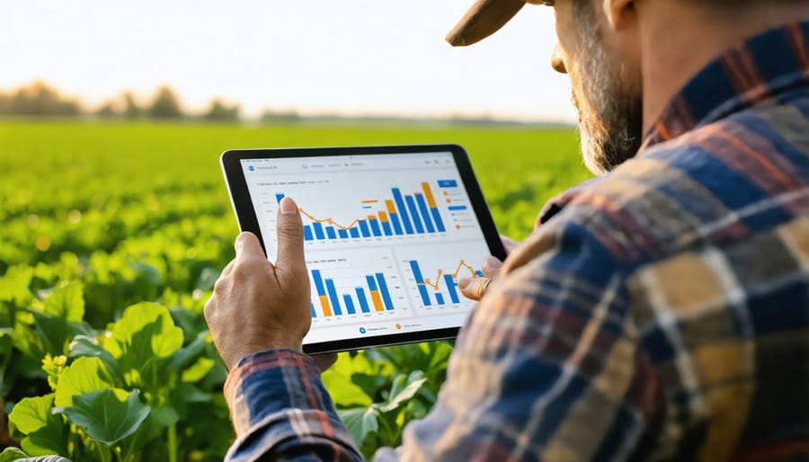 Organic farmer using digital tools while inspecting crops in the field