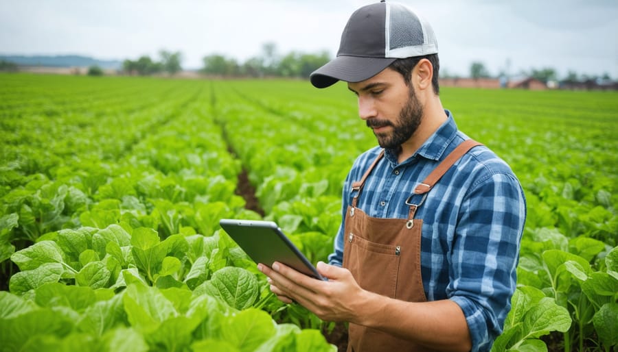 Organic farmer using tablet to monitor IoT water quality readings in field