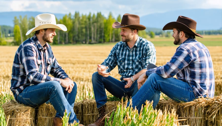 Diverse group of farmers discussing organic farming practices during a field meeting