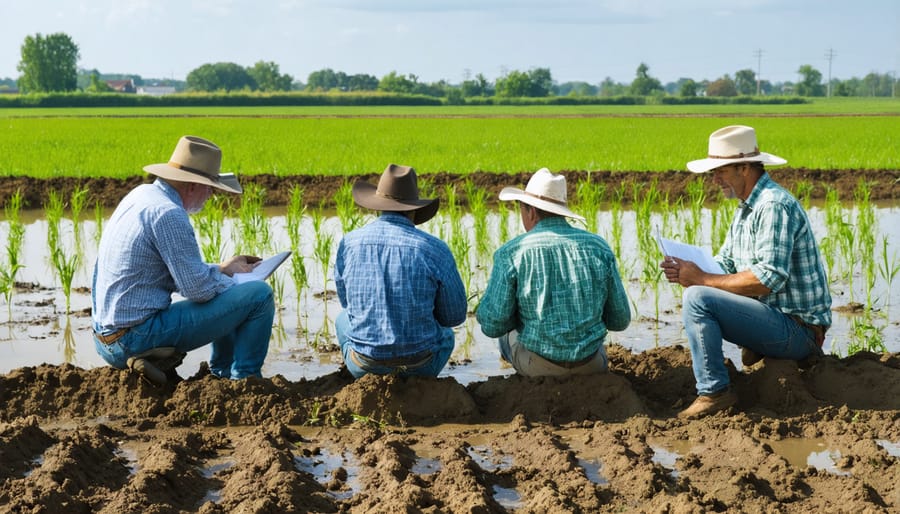 Group of Alberta farmers discussing water sharing strategies around a table with maps and documents