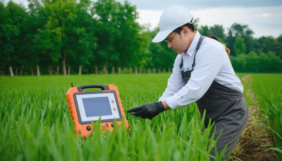 Agricultural professional conducting organic certification testing with handheld equipment