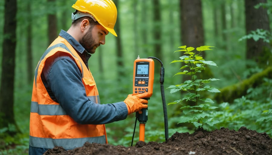 Professional using modern soil monitoring technology in an Alberta forest setting