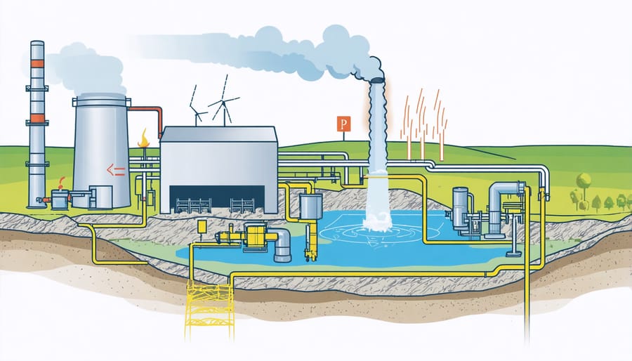 Cross-sectional technical illustration of a geothermal power plant's key components and heat extraction process