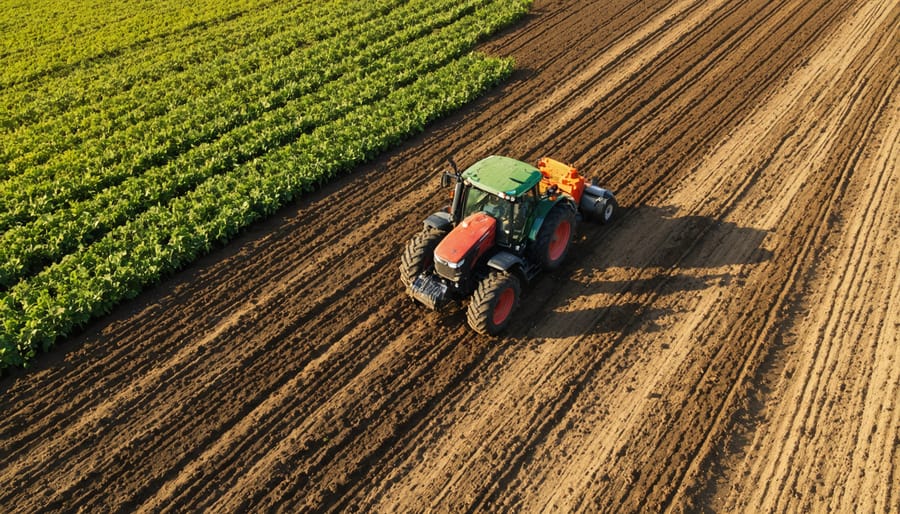 GPS-guided tractor creating perfectly straight planting rows in an organic farm field