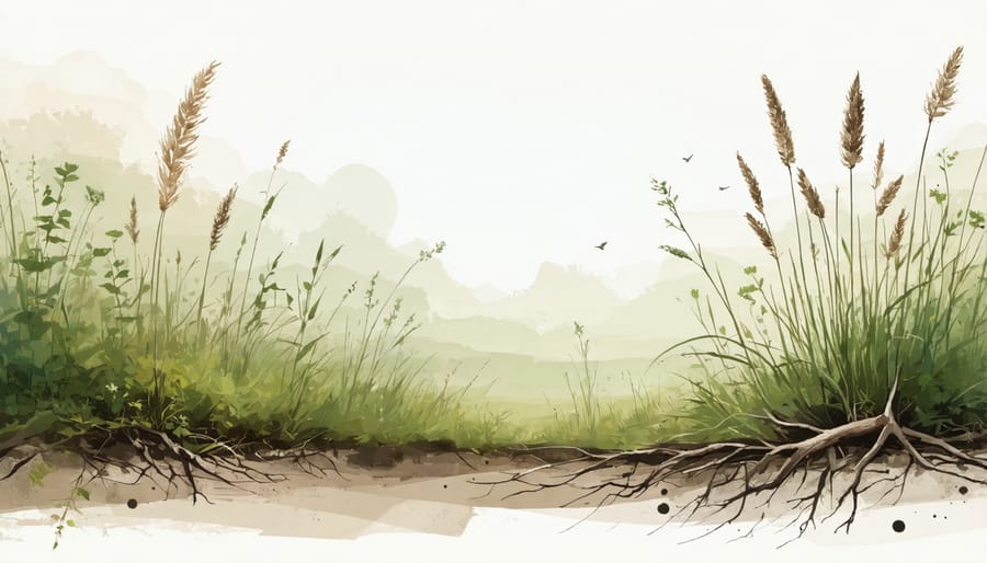 Cross-section diagram showing how prairie grasses store carbon in their extensive root systems