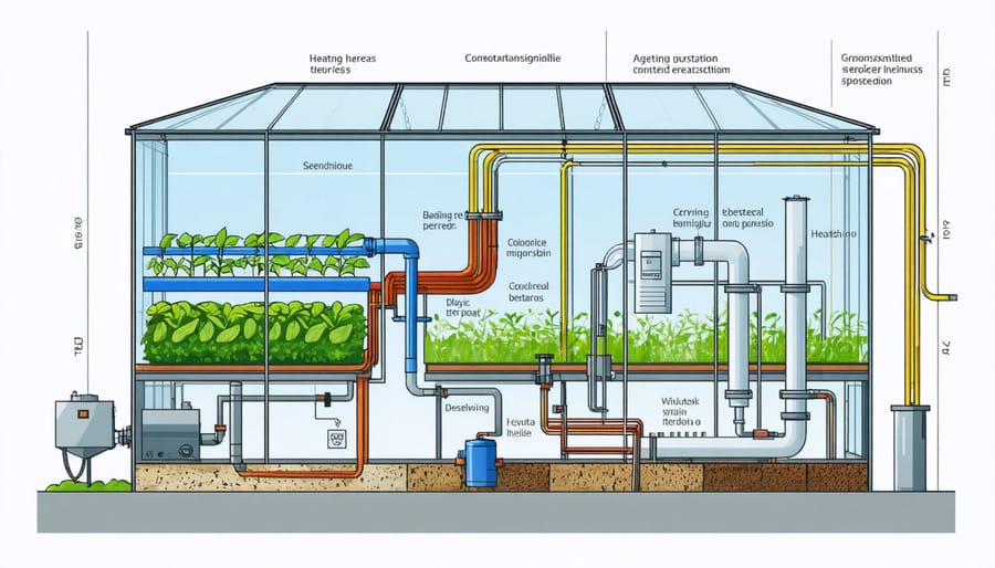 Technical illustration of geothermal pipes and heat distribution system within a greenhouse structure