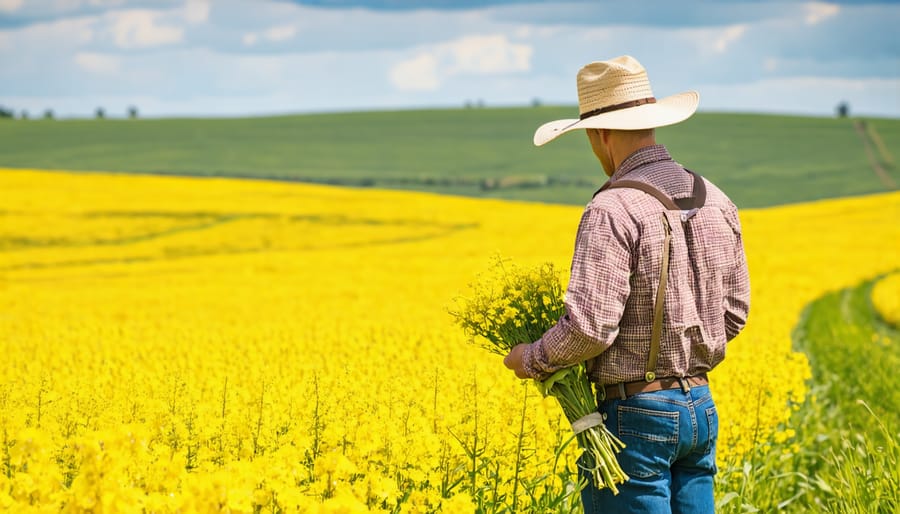 Farmer examining healthy yellow canola blooms in high temperature conditions