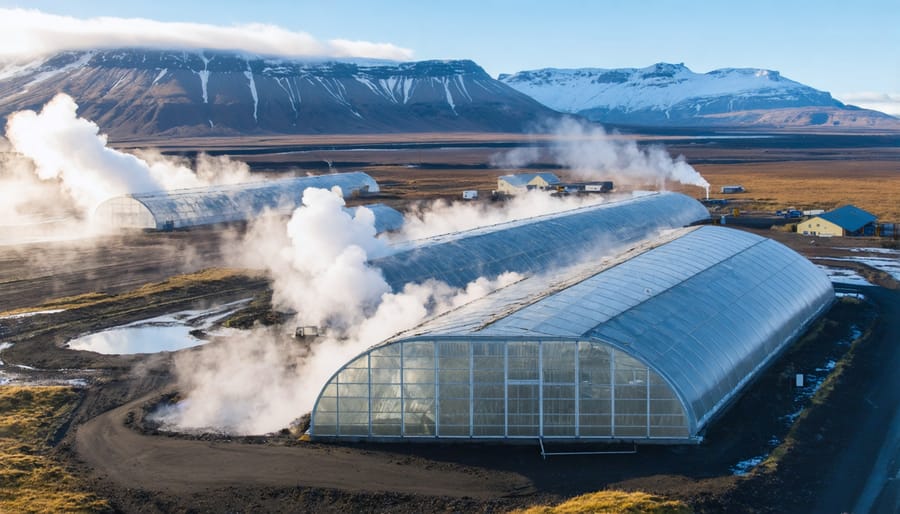 Large-scale greenhouse facilities in Iceland powered by geothermal energy, with visible steam against snowy landscape