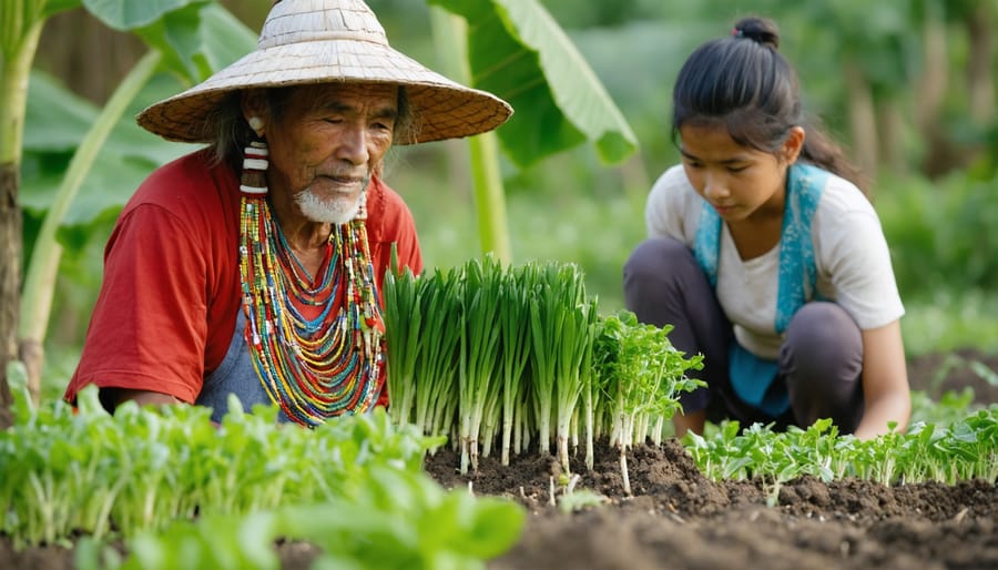 Elder demonstrating traditional agricultural practices to a group of attentive young farmers in a field