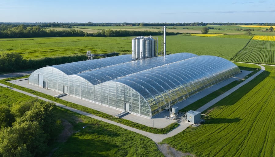 Modern greenhouse complex integrating biomass and geothermal energy systems with visible infrastructure