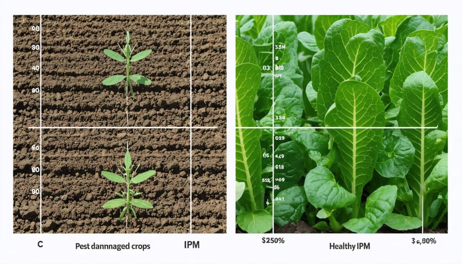 Side-by-side comparison of conventional versus IPM-managed crops showing economic benefits