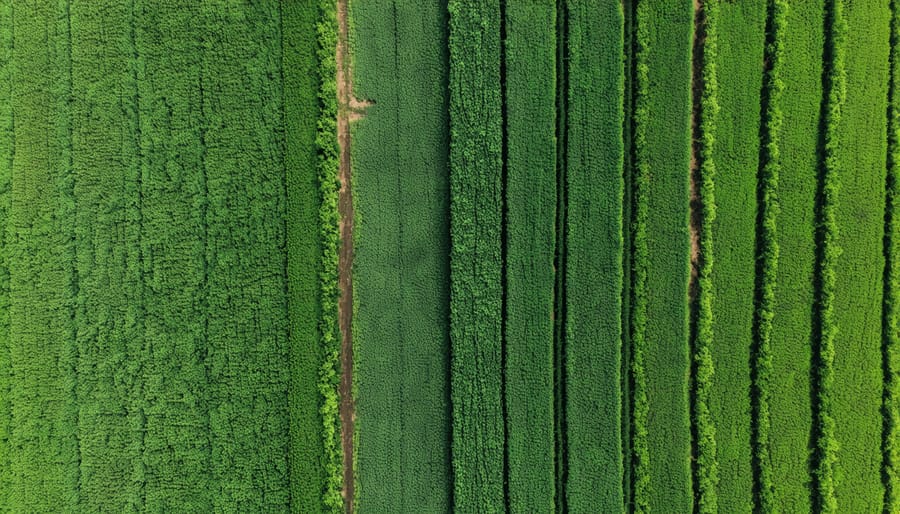 Bird's eye view of diverse organic crop rotation patterns at Johnson Family Farm in Alberta