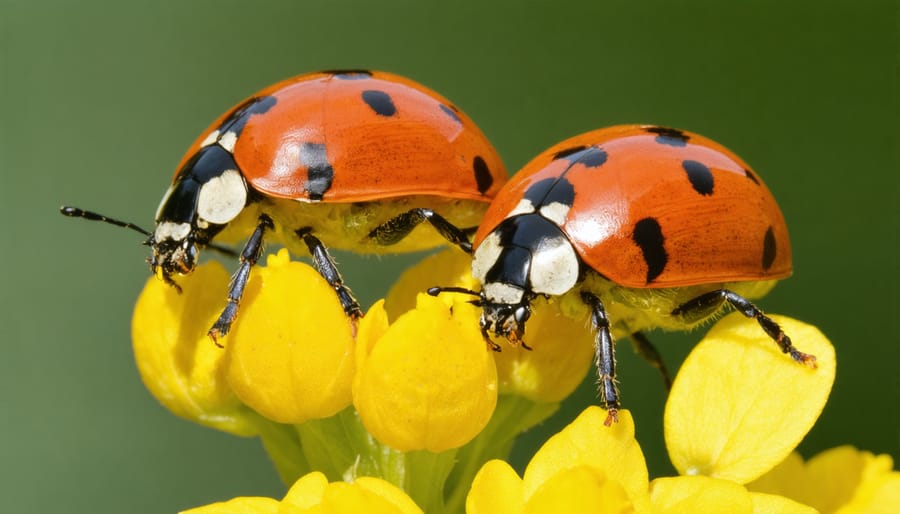 Ladybugs controlling aphid populations on yellow canola flowers