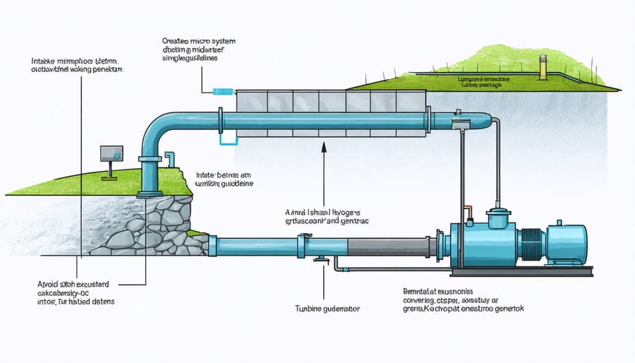 Technical illustration of micro-hydro system components and their connections