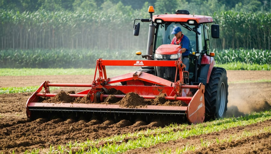 Agricultural worker operating mulch spreading equipment on farmland