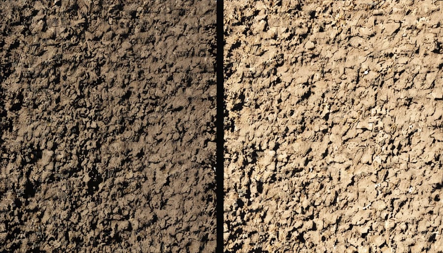 Side-by-side comparison of mulched and unmulched soil showing moisture differences