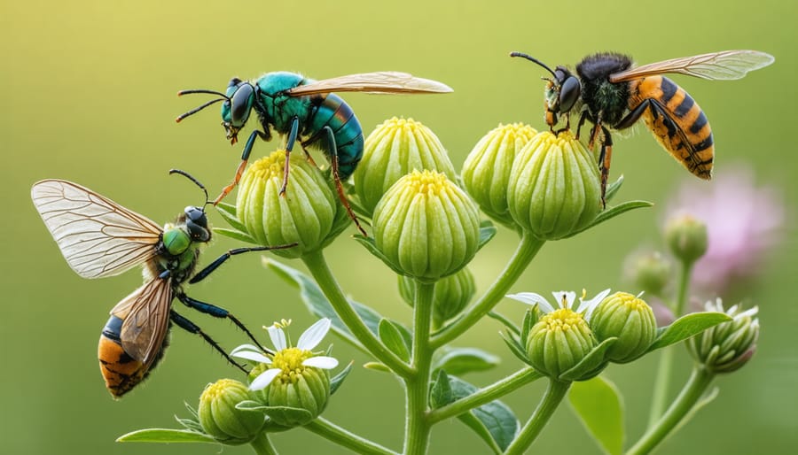 Native wildflowers attracting bees and beneficial insects on organic farm border