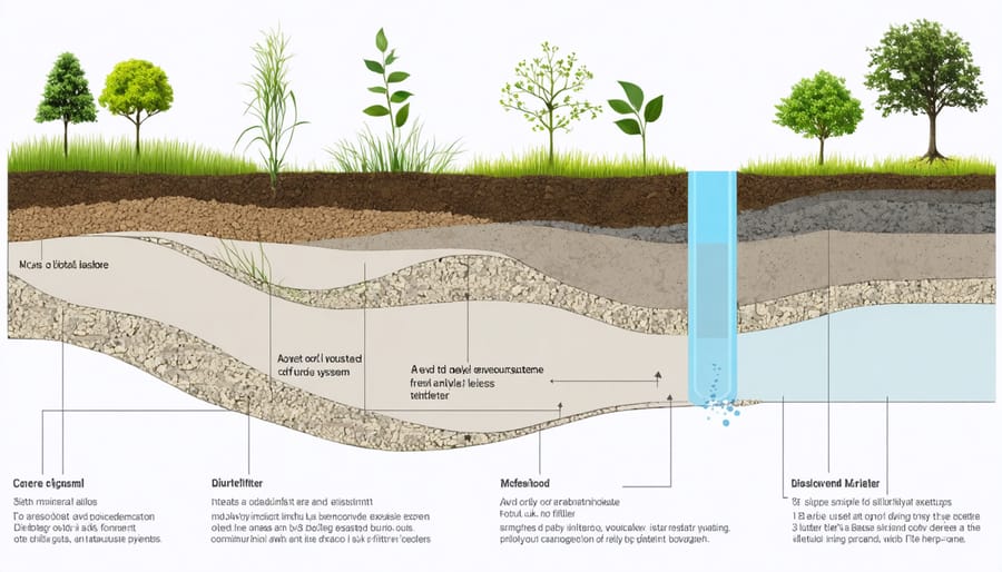 Cross-section illustration of a natural water filtration system for farms