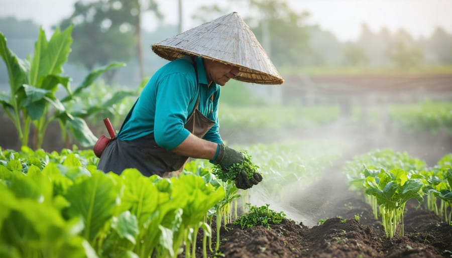 Organic farmer spraying approved natural pesticides on vegetable crops