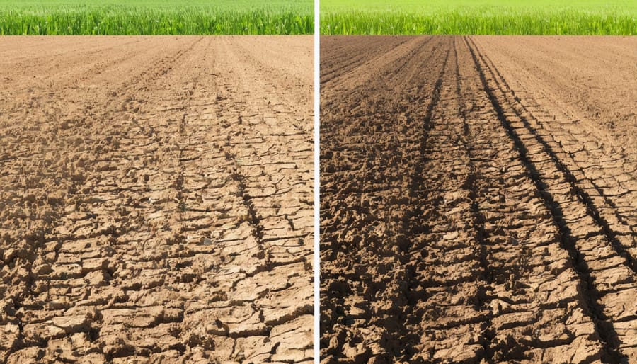 Aerial view comparing moisture levels in no-till versus conventional tilled agricultural fields