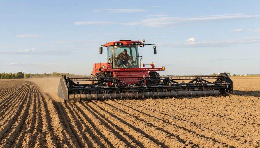 Farmer driving modern no-till seeder through stubble-covered field at sunset